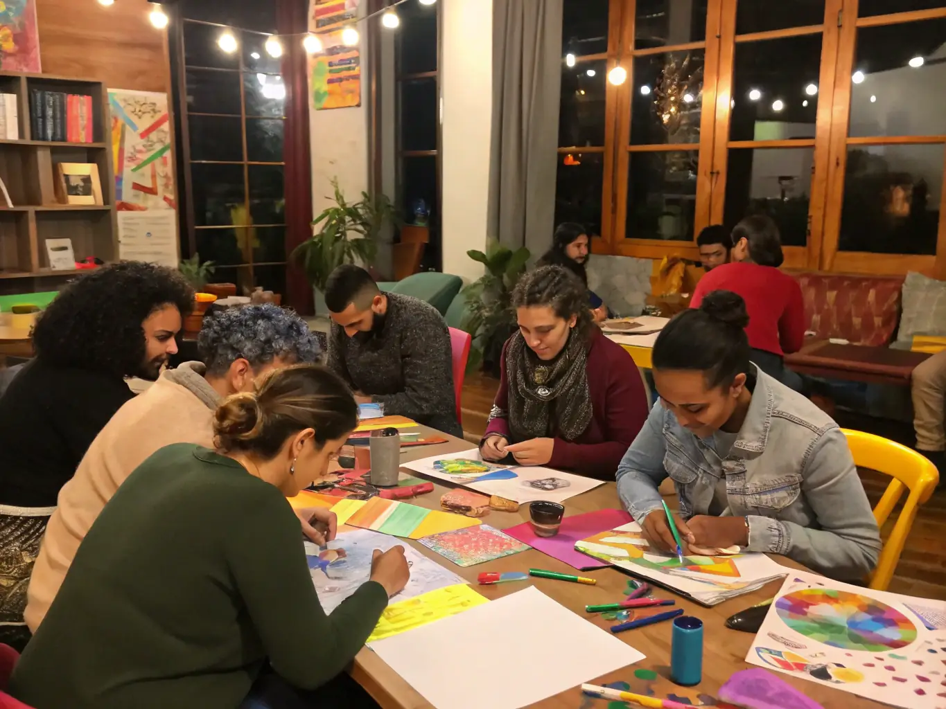 A vibrant photograph capturing a community workshop in progress at CGSFPP, showcasing participants actively engaged in a creative activity, with the hall's facilities visible in the background.